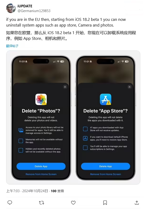 石河镇苹果手机维修分享iOS 18.2 支持删除 App Store 应用商店 