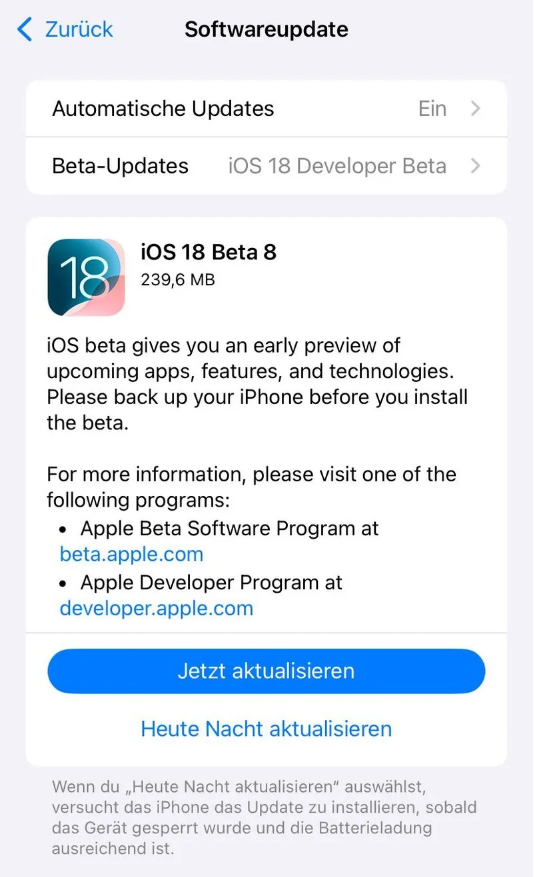 石河镇苹果手机维修分享苹果 iOS / iPadOS 18 开发者预览版 Beta 8 发布 